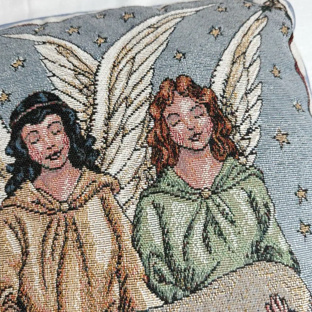 Vintage Martha Stewart Tapestry Throw Pillow 3 Angels Blue 15” Square